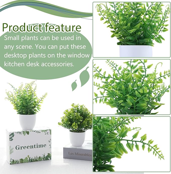 GREENTIME 2 Pack Small Fake Potted Plants for Home Decor Faux Eucalyptus Plant in White Pot Artificial Mini Fern Greenery for Bathroom Shelf Indoor Office Desk Living Room Kitchen Decorations