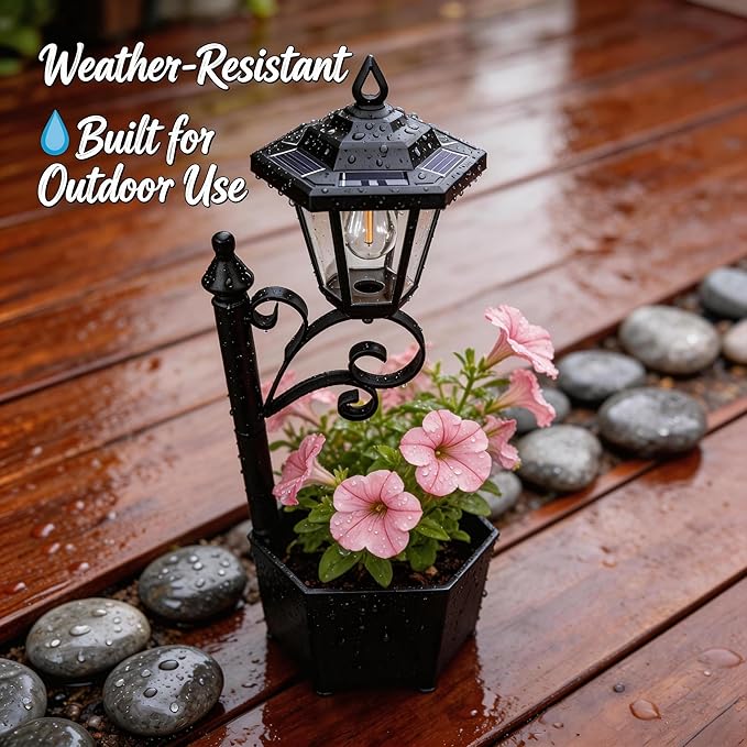 Solar Floor Lamps with Planter (2-in-1 Design), 29.5" Outdoor Solar Lamp Post - IP44 Waterproof, Warm Yellow Lights Dusk to Dawn 6-8Hr, Easy Install for Lawn, Patio, Porch, Yard & Pathway Decor
