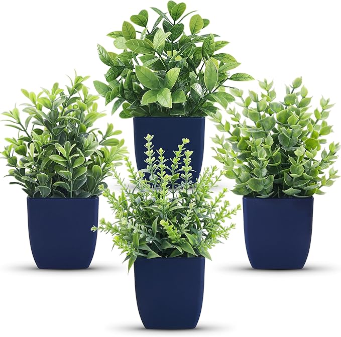 Der Rose 4 Pack Small Fake Plants Artificial Plants Indoor Office Desk Accessories for Aesthetic Room Decor Blue Bathroom Decor