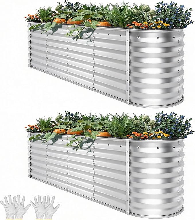 YITAHOME 8x2x2ft Large Raised Garden Bed Kit, 24" Tall 9 in 1 Galvanized Metal Planter Box with Gloves and Safety Rubber, Outdoor Above Ground Planters for Plants Vegetables Flowers, Silver