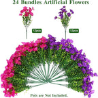 CEWOR 24 Bundles Artificial Flowers for Outdoor Indoor, Fake Silk Morning Glory with Eucalyptus Leaves, Faux Flower for Garden Front Door Porch Planter Patio Home Decor (Purple Fuchsia)