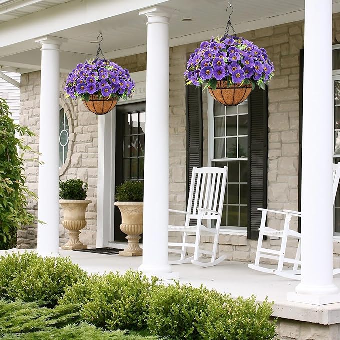 Ouddy Decor Artificial Hanging Flowers with Basket, Fake Silk Hanging Flowers in Coconut Lining Basket Faux Hanging Plants for Outdoor Indoor Spring Garden Porch Patio Balcony Home Decor, Purple
