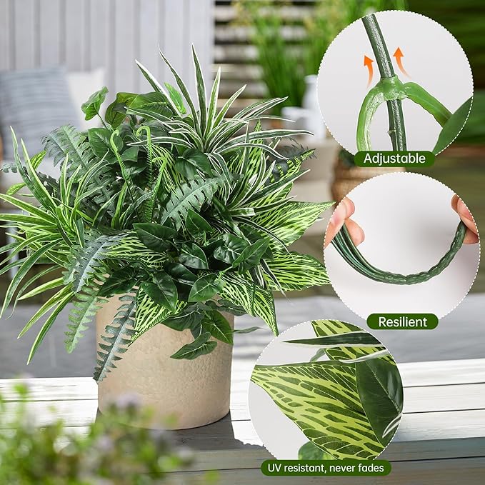 Pertivery 10 Bundles Artificial Plants, UV Resistant Outside Faux Plants Bushes, Large Fake Realistic Plastic Leaves and Stems, for Outdoor Garden, Patio, Yard,Porch Decor (Green)