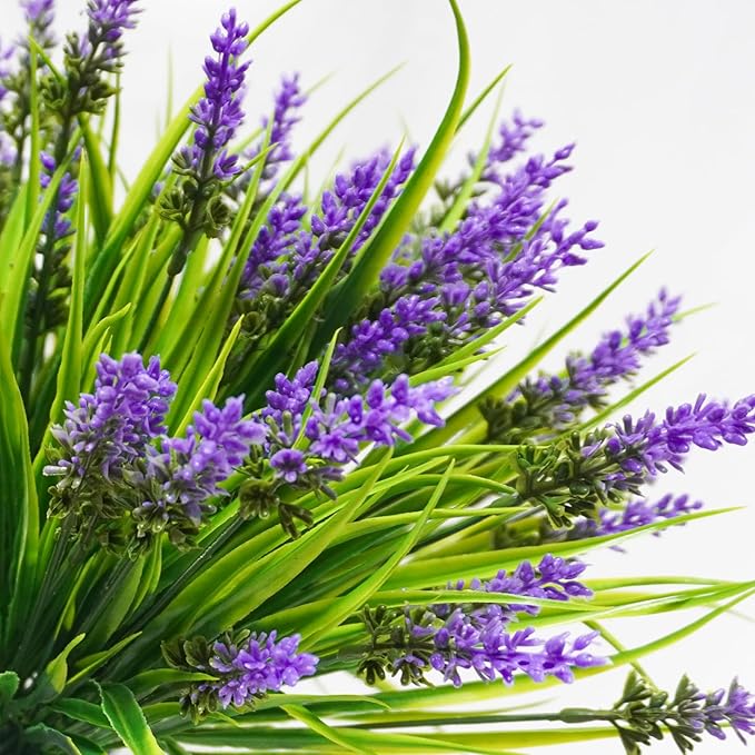 obbsie 12 Bundles Artificial Plants Outdoor, 18.2" UV Resistant Faux Monkey Grass Greenery Stems No Fade Faux Plastic Flowers Shrubs for Home Weddings Garden Porch Front Patio Office Decor - Purple