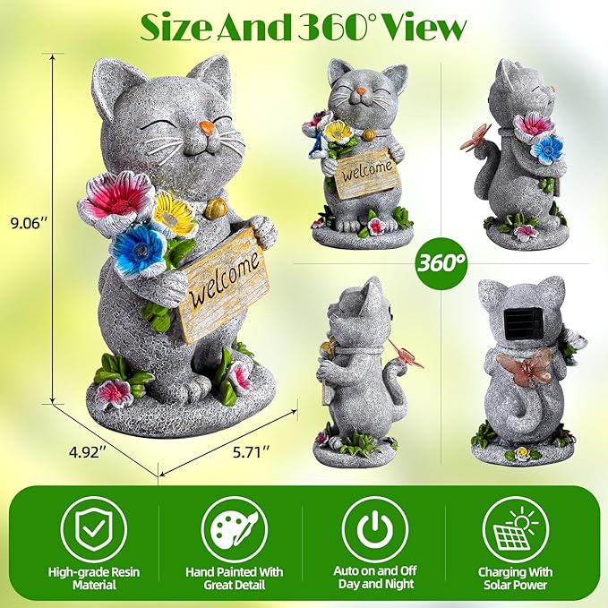 Garden Outdoor Statues Solar Cat Outside Statue Garden Decor for Yard Patio Porch Home Lawn Balcony, Gifts for Grandma Mother Women
