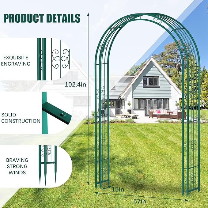 Arbuxzuy 102in Steel Garden Arch Arbor Trellis for Climbing Plants Outdoor,Yard,Wide Sturdy Durable Garden Arch for Lawn,8.5ft Climbing Plants Decorative Wire Lattice,Outdoor Wedding Arch(Green)