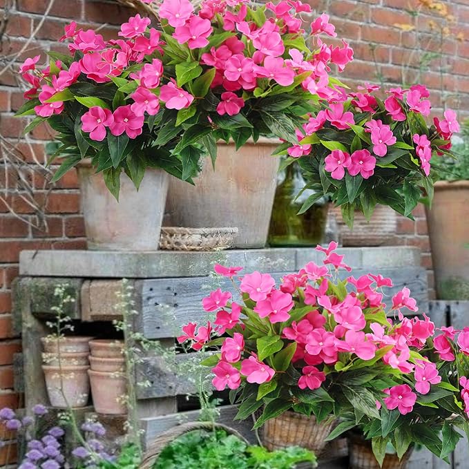 CITYES 4 Pcs Artificial Flowers Outdoor Impatiens UV Resistant Silk Impatiens Flowers Rose Red Faux Flowers Impatiens Bushes Artificial Impatiens for Pot Patio Lawn Garden Hanging Basket Porch Decor