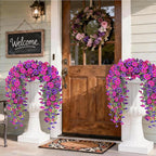 Artificial Hanging Flowers for Outdoors, 2 PCS 300 Blooms UV Resistant Morning Glory Faux Silk Vines, No-Odor Realistic Fake Plants for Garden Planter Porch Patio Decoration, Fuchsia & LightPurple