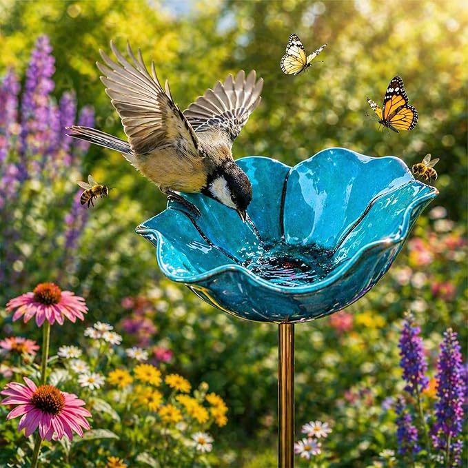 Metal Flower Garden Stakes Bird Bath, Handmade Metal Flower Garden Stake with Bee Bath, Bird Water Bowl Water Station for Outdoor Yard Lawn Patio Decor (Blue)