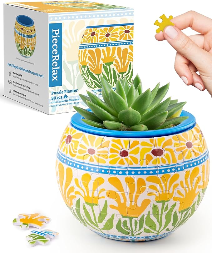 PieceRelax 3D Puzzle Planter 80 Pieces - Summer Blossoms, for Mom, Home Decor Flower Pots for Indoor Cactus, Succulents Pots [K1126]