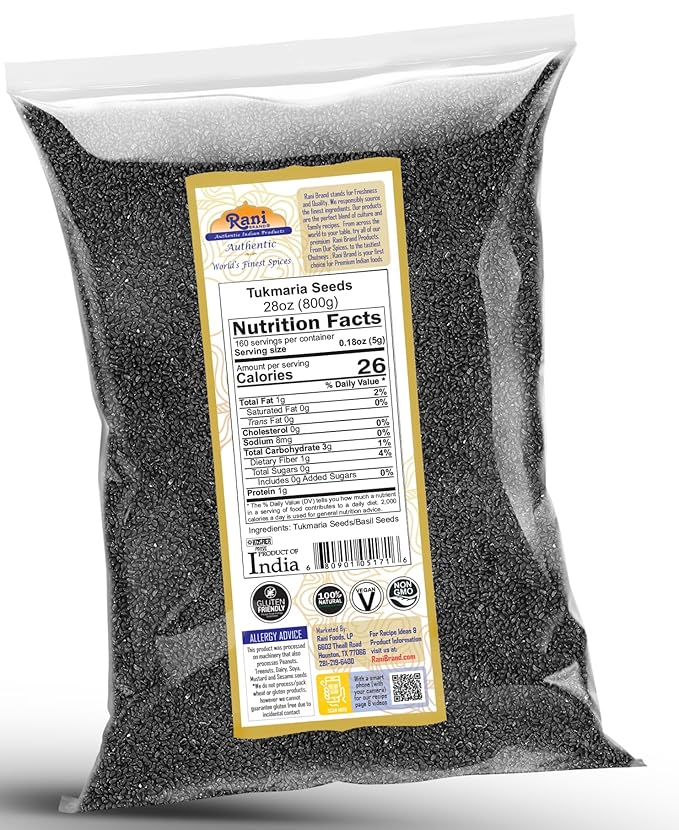 Rani Tukmaria (Holy Basil Seeds) 28oz (800g) Used for Falooda / Sabja Dessert, Spice & Ayurveda Herbal ~ All Natural | Gluten Friendly | NON-GMO | Kosher | Vegan | Indian Origin