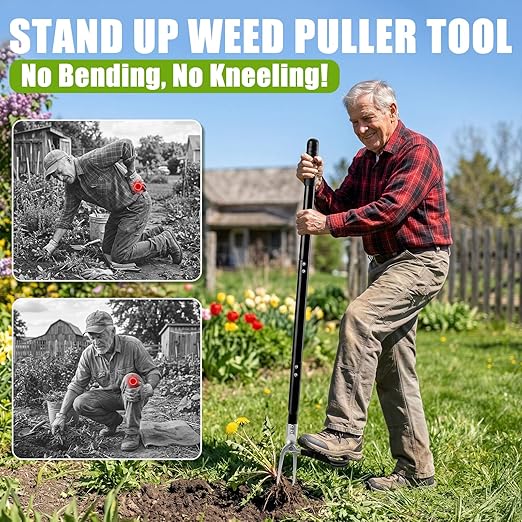 Stand Up Weed Puller Tool, 4-Claw Steel Head Heavy Duty Weeder, Adjustable Long Handle Garden Weeding Tool for Effortless Weed Removal Without Bending Kneeling Pulling