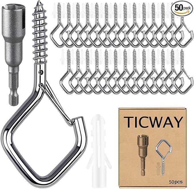 50 Pcs Outdoor Hooks for String Lights,Screw Hooks for Hanging Plants,Ceiling Hooks with Safety Buckle,Square Hanger for Wind Chimes,Bird Feeder,Lanterns,Christmas Decorations (Silver)