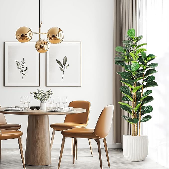 6FT Artificial Fiddle Leaf Fig Tree - Faux Rubber Tree with White Pot - Tall Fake Floor Plant with 74 Leaves - Artificial Plant for Home Decor Indoor Office Living Room