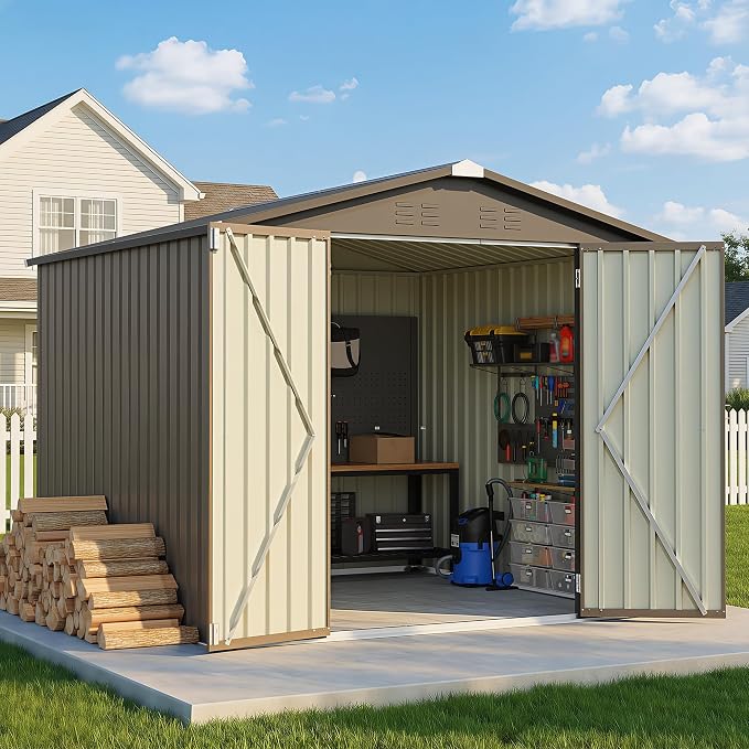 Greesum 8x8FT Outdoor Storage Shed, Utility Tool Shed with Sloping Roof, Metal Storaged Garden Shed with Door & Lock for Patio Storage, Brown