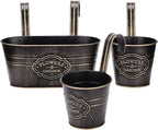 PerGar Vintage Metal Iron Wall Hanging Flower Pots, Rustic Planter Bucket Herb Flower Plant Holder with Detachable Hooks & Drainage Hole for Railing Fence Balcony Deck Garden Home Decoration, Set of 3