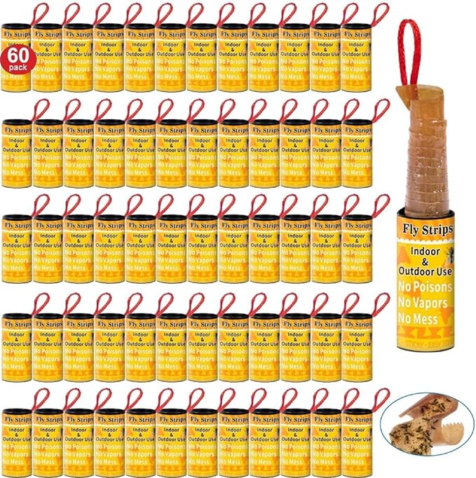 Fly Strips Trap Indoor Sticky Hanging, 60 Pack Fly Paper Traps Outdoor, Flies Tape Paper Ribbon Rolls for Home Kitchen, Fruit & Bug Gnat Catchers for Inside, Killer for Winged Insect