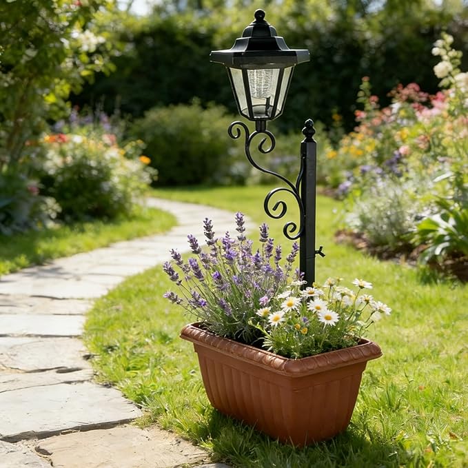 Solar Floor Lamps with Planter (2-in-1 Design), Solar Lamp Post Light with Planter with Posts, Ground Stakes, Planters, & Wall Mount Hardware, Outdoor Lights for Patio, Porch, Deck, Yard (Brown)