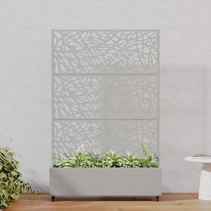 Casaphoria Metal Raised Garden Bed with Trellis and Wheels, 72"x47"x16" Planter Box for Climbing Plants, Vegetables & Vines, Features Drainage Holes and Privacy Screen, Grey-Net