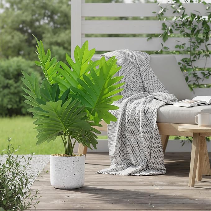 17.7" Philodendron Fake Plants 2 Pack, Artificial Plants Indoor for Home Decor, Faux Green Bonsai Tree in Pot, Cement Moss Base, Evergreen Fake Plants for Living Room & Office