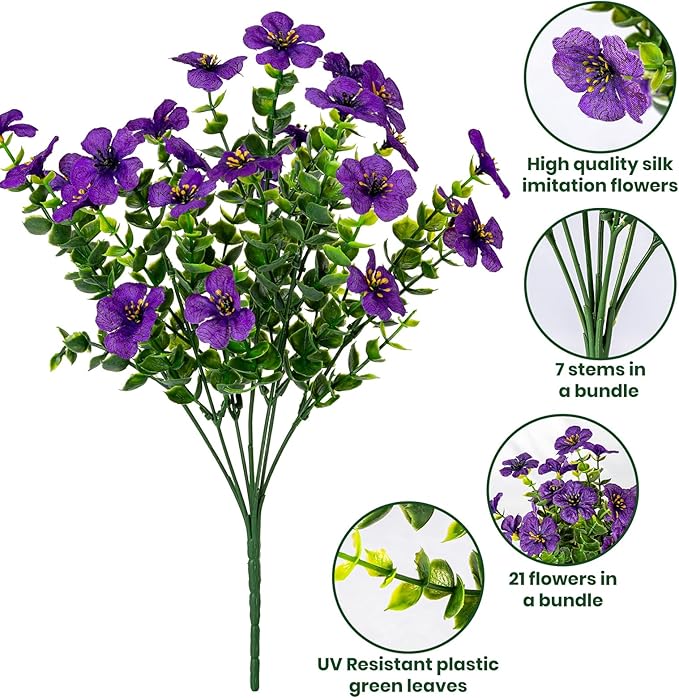 Lnoicy 20 Bundles Artificial Flowers for Outdoor Fake Plants for Spring Decoration,Faux Eucalyptus Flowers for Planter UV Resistant Lifelike for Home Porch Garden（Purple）
