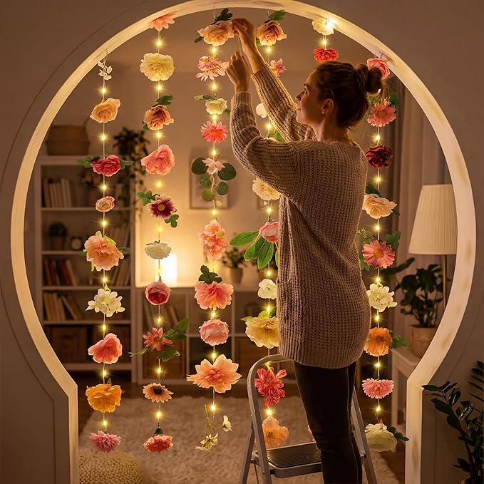 Suncalla 6 Pcs 35.4ft Hanging Flowers Garlands Backdrop Lighted Floating Fake Wildflower Vines LED Floral Garland Ceiling for Spring Wedding Bridal Shower Birthday Graduation Party(Lovely,Multicolor)
