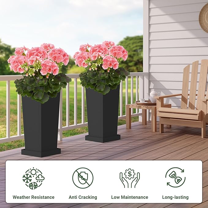 Metal Tall Planters 26 inch Set of 2, Durable Taper Planter with Drainage Holes & Rust-Proof Coating & Trays for Outdoor Indoor Garden Patio Front Door