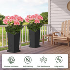 Metal Tall Planters 26 inch Set of 2, Durable Taper Planter with Drainage Holes & Rust-Proof Coating & Trays for Outdoor Indoor Garden Patio Front Door