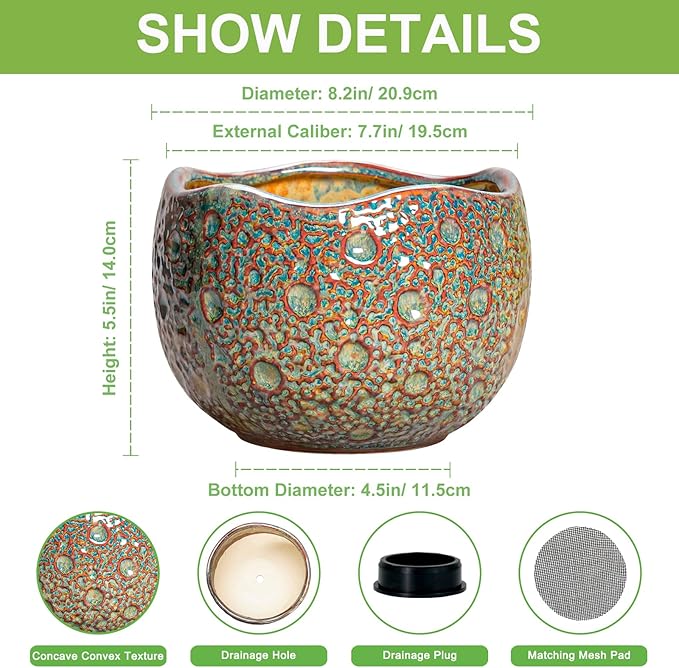 8 Inch Plant Pot - Ceramic Planter for Indoor Outdoor Plants, Unique Pots for Plants with Drainage Hole and Plug, Round Planter, Garden Decor, Gifts for Plant Lovers, Speckled-Brown