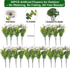 20 Bundles Artificial Flowers for Outdoors, UV Resistant Fake Plants Flowers Greenery Shrubs Plants for Decoration Outside Plants Hanging Planter Home Garden Decor (White)