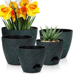 YNNICO Plant Pots 10/9/8/7.5/7 inch, Self Watering Planters with Drainage Holes & Saucers for Indoor and Outdoor Plants (Green Speckles)