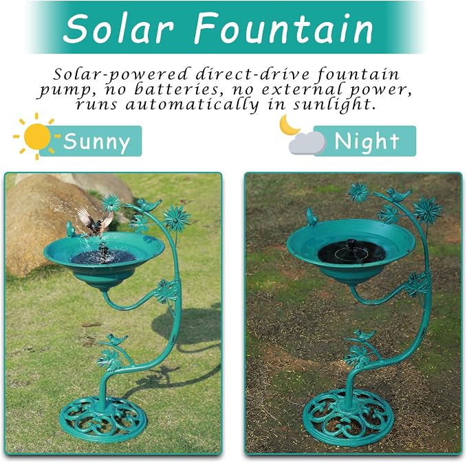 25.8" H Solar Bird Bath Outdoor, Cast Iron Solar Fountain Bird Bath with Bubbler, Vintage Pedestal Metal Bird Bath Bowl for Garden Patio Yard Lawn Decor