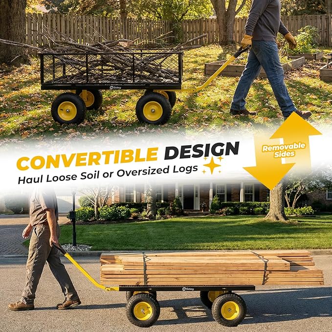 Sekey 1400lbs Heavy Duty Steel Garden Cart for Farm & Construction, 7.7 Cu.Ft. Extra-Large Utility Wagon with Removable Sides, 2-in-1 Towable Handle, 13" Rubber Tires, Black