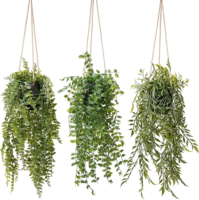 3 Packs Fake Hanging Plants with Black Pots, 20" Artificial Hanging Plants for Wall Decor, Fake Fern Plants Mandala Vine for Home Bathroom Bedroom Kitchen Office Room Decor