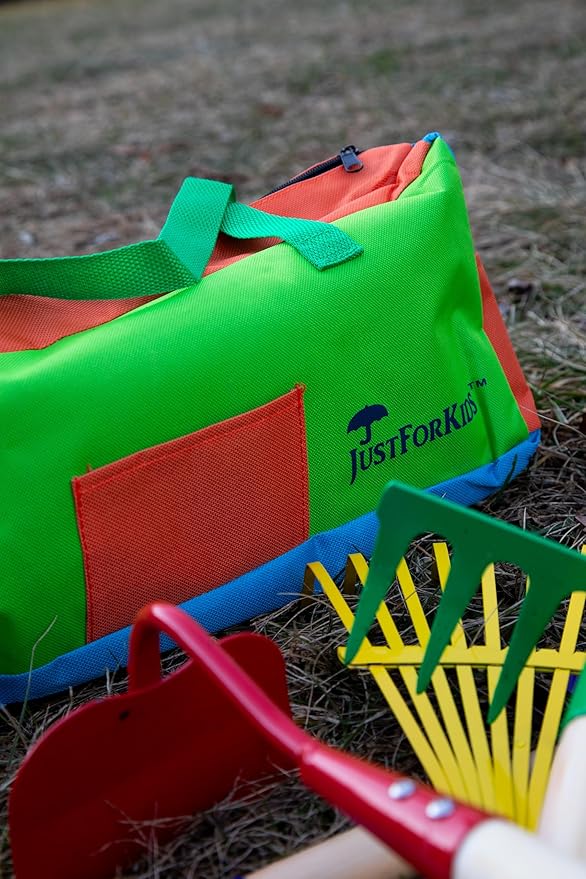 JustForKids Kids Garden Tool Set,detatchble, Portable 4-Piece Multicolored Set for Gardening, 2-Pack with Travel Bag, Ages 5+