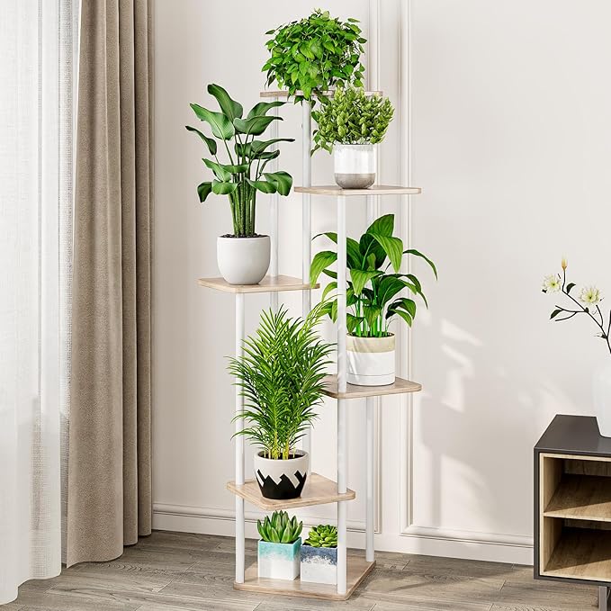 AZERPIAN Plant Stand 6 Tier Indoor Metal Flower Shelf for Multiple Plants Corner Tall Flower Holders for Patio Garden Living Room Balcony Bedroom, White