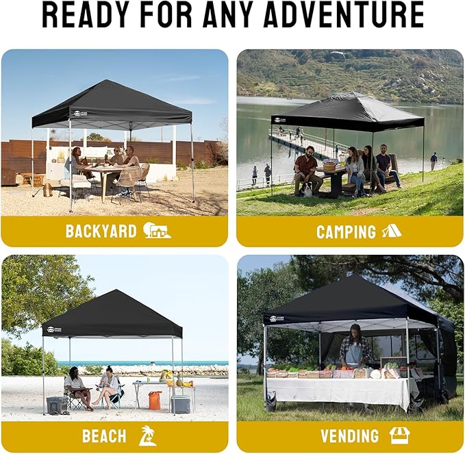 CROWN SHADES 8x8 Pop Up Canopy, Patented Center Lock One Push Instant Popup Outdoor Canopy Tent, Newly Designed Storage Bag, 8 Stakes, 4 Ropes, Silver-Coated Black