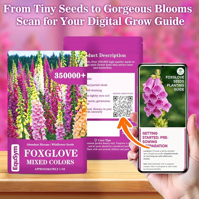 350,000+ Foxglove Seeds for Planting - Digitalis Purpurea Seeds, Tall Ornamental Flower Seeds for Outdoor Cottage and Pollinator Gardens