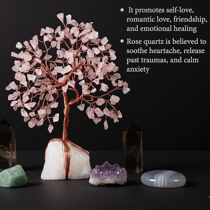 Rose Quartz Crystal Tree for Love & Healing Décor for Home and Office | Handmade Bonsai for Emotional Support & Harmony as Symbol of Piece for Loved Ones Gift for her