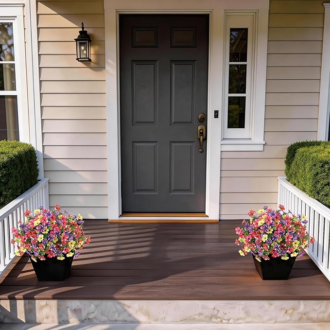 Artificial Morning Glory & Eucalyptus Topiary Trees - Set of 2 Faux Silk Flower Potted Plants, UV-Resistant Fake Outdoor Morning Glory Bushes for Front Door, Farmhouse, Garden Decor (Mixed Color)