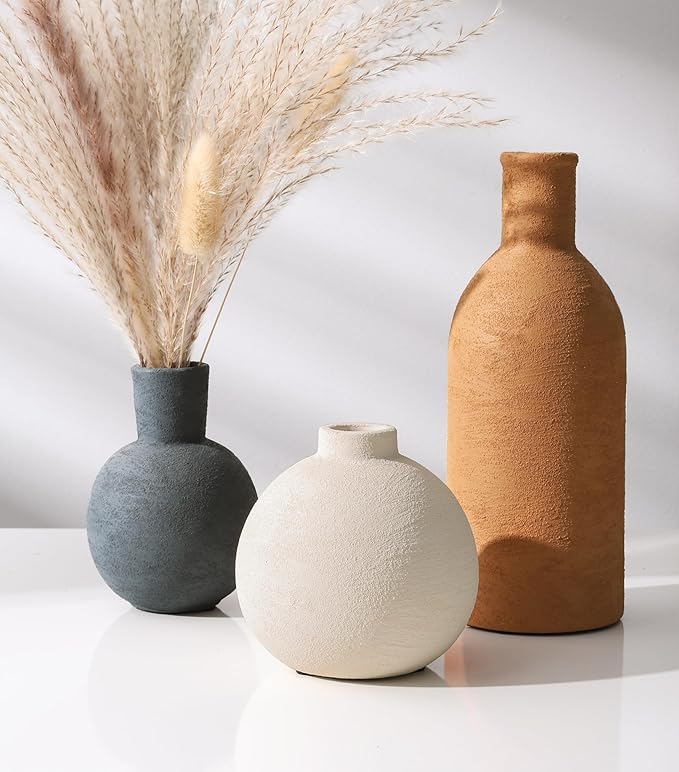 Ceramic Vase Set, Small Rustic Distressed Flower Vases in Pottery Decor, Modern Boho Farmhouse Decor for Pampa Grass, Dried & Fresh Flower, Decorative Vase for Living Room, Kitchen, Entryway, Rust Red