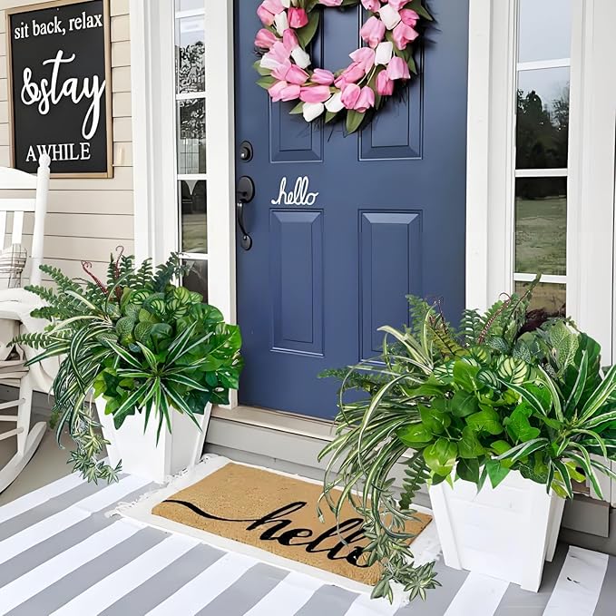 Artificial Plants Faux Greenery for Outdoor Porch Planter, UV Resistant Fake Realistic Large Shrubs Bushes Plastic Green Filler for Spring Outside Front Door Patio Decoration, 8 Bundles