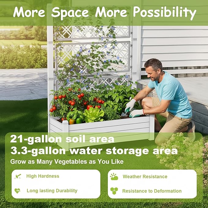 5' Tall Raised Garden Bed with Trellis, Self Watering Planter Box for Outdoor Climbing Plants Resin Garden Lattice for Vegetables, Flowers, Tomato & Vine with Drainage Holes (Ashen, 1 PC)