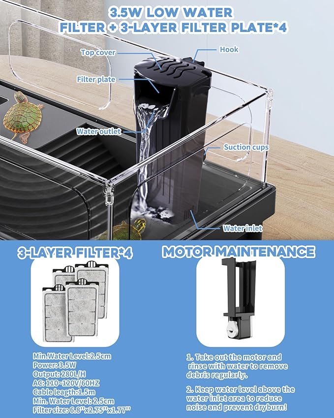 MoonOrange Small Turtle Tank, Aquarium, Acrylic Terrarium with Basking Platform, Bottom Drainage, Multi-Function Areas for Turtles, Crabs, Crayfish, Reptiles (Black+Filter)