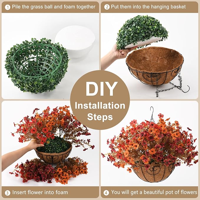 Artificial Fake Fall Hanging Plants Flowers Basket, Faux Silk Daisy in Planter Realistic UV Resistant for Outside Home Patio Balcony Yard Autumn Outdoor Decoration (Orange Brown Red)