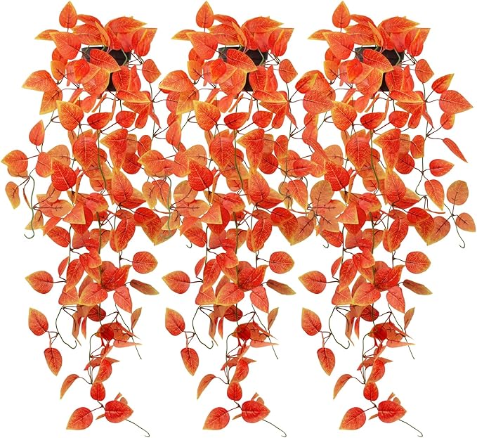 3 Pack Artificial Fall Plants Hanging Orange Vines Potted Fall Foliage Fake Pothos Trailing Plant Autumn Decoration for Indoor Outdoor Thanksgiving Bathroom Wall Kitchen Room Shelf Decor (Black Pot)