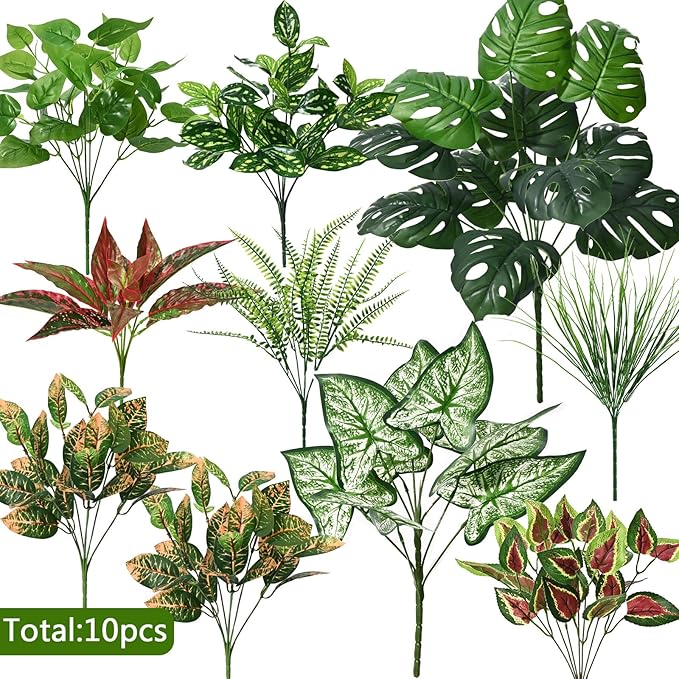 Waipfaru Artificial Plants Outdoor UV Resistant, Realistic Fake Plants Artificial Greenery, Large Bunches Faux Plants for Indoor Outdoor Porch Patio Garden Spring Summer Home Decor (Large 10pcs)