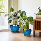 Ceramic Plant Pots Indoor, 10 Inch 8 Inch 6 Inch Round Planters Pots for Indoor Outdoor Plants, Modern Large Flower Pots with Drainage Holes and Saucers, Set of 3, Blue
