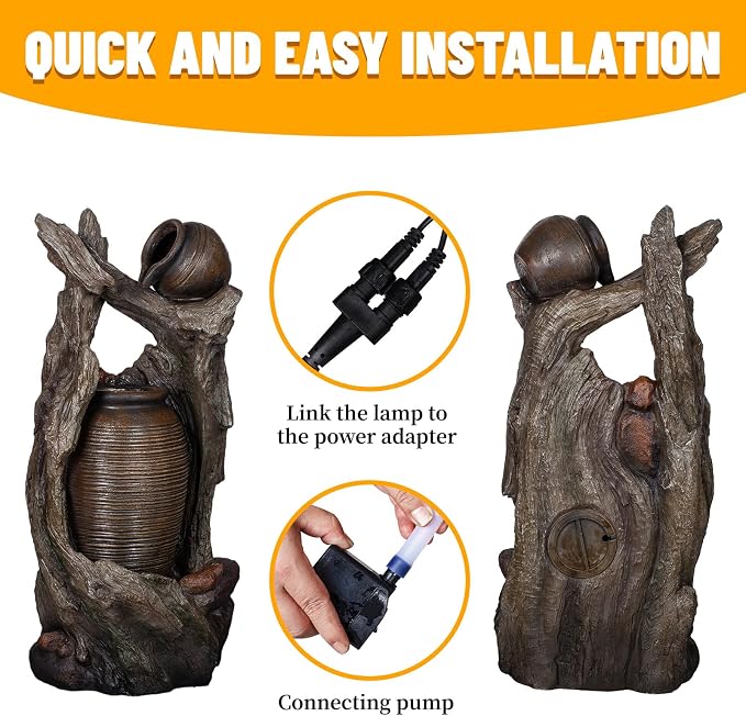 Solarbloom 39.3" H Outdoor Fountain with LED Lights and Pump, Farmhouse Clay Pot Floor Standing Waterfall Fountain, Garden Water Feature Decor
