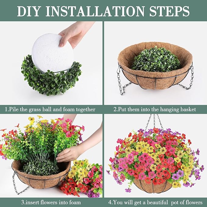 Artificial Flowers Hanging Plants in Basket,Artificial Hanging Flowers for Outdoor Indoor Decor,UV Resistant hanging Baskets with Fake Flowers for Spring Summer Patio Garden Porch Deck Home Decor